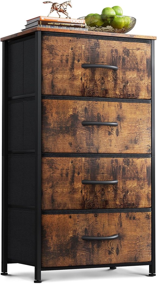 SnelShoppen - Smalle Ladekast met 4 Lades, Compacte Opbergkast met Stoffen Lades, Stevig Stalen Frame, Houten Bovenkant, Retro Design voor Slaapkamer