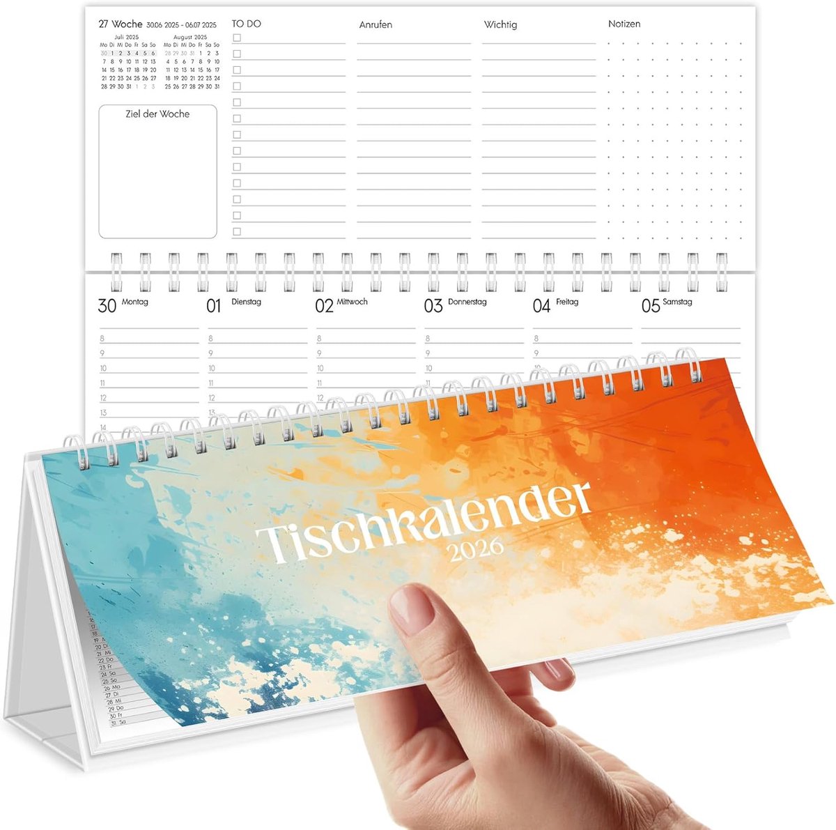 SnelShoppen - Table Calendar 2026 - Staande Weekkalender met 2 Pagina's per Week - 29.7 x 11.7 cm - Oranje - Perfect voor Thuis en Kantoor