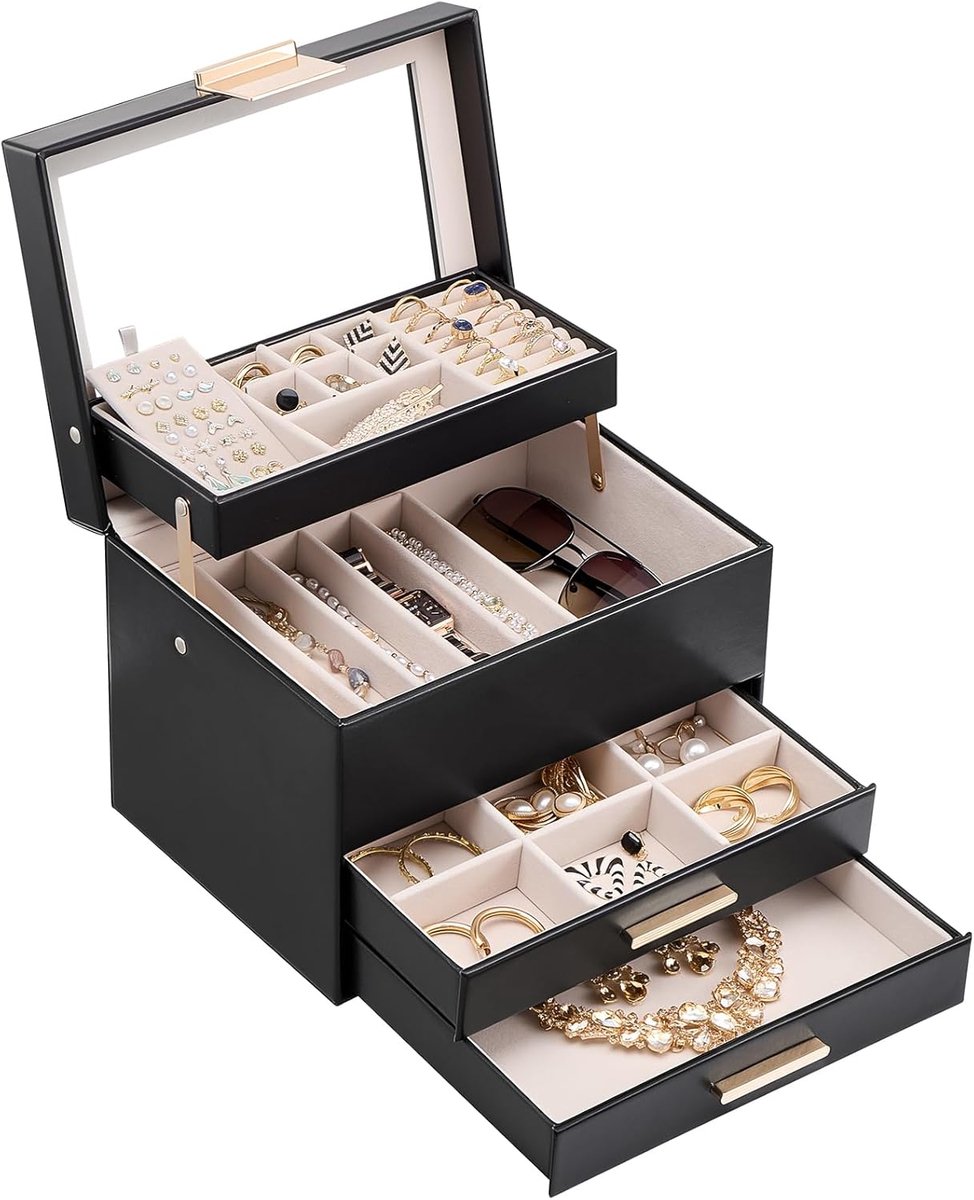Sieradenbox met Doorzichtig Deksel - Zwarte 4 Lagen - Organizer voor Oorbellen, Armbanden en Ringen - Ruimtebesparend - ShopVlot