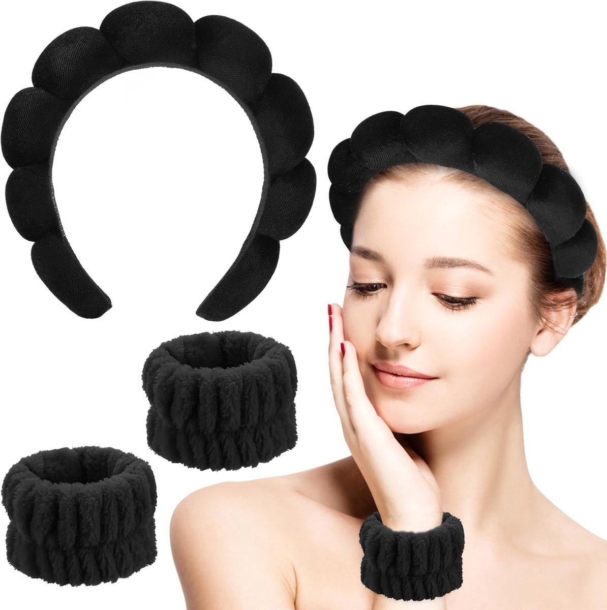SnelShoppen - Zachte Make-up en Skincare Hoofdband Set voor Vrouwen - Sponge Spa Hoofdband en Absorberende Polsbanden voor Face Washing, Make-up Verwi