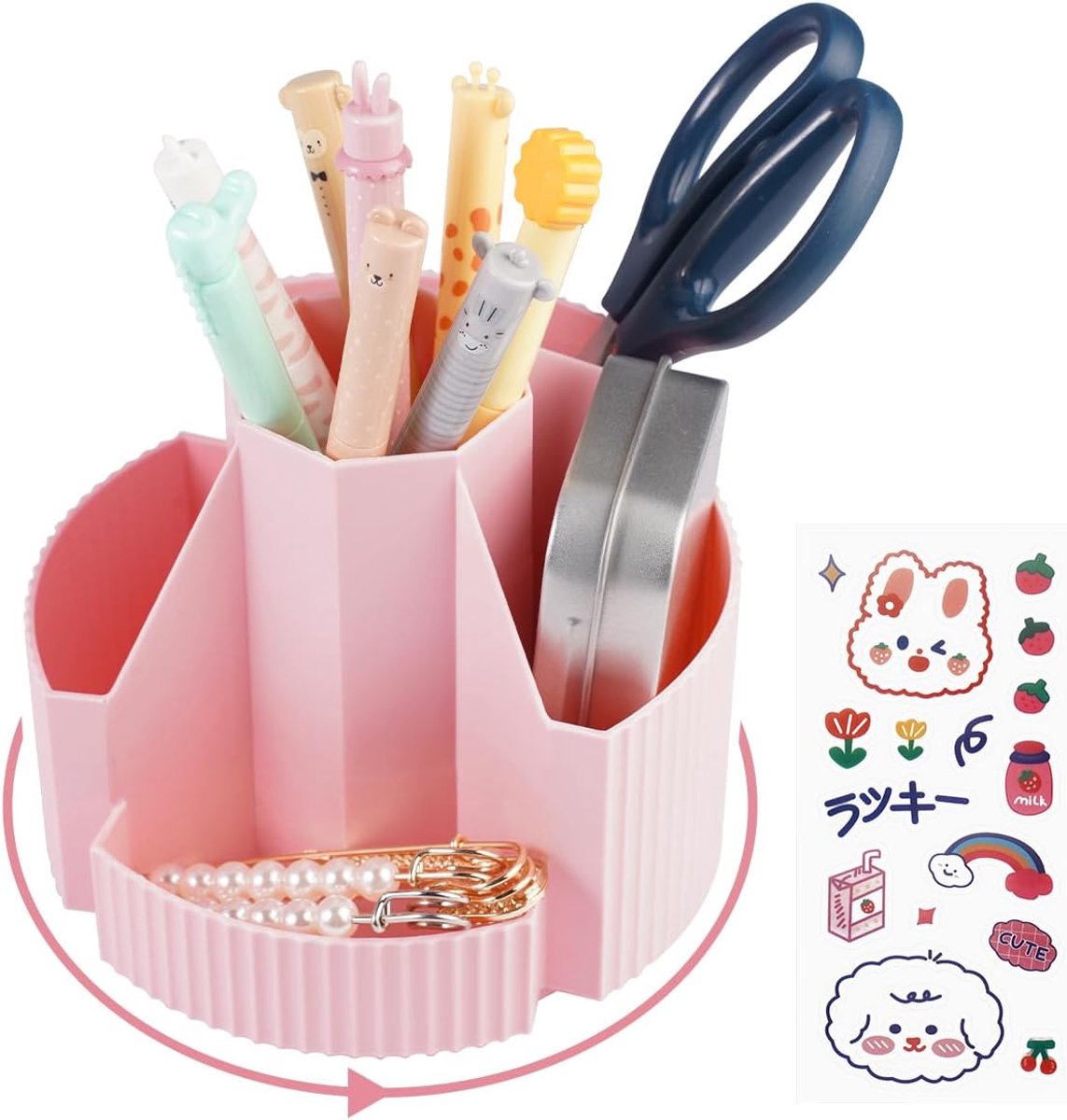 SnelShoppen - Creatieve Pennenkoker 360° Rotating Pen Holder, Roze Bureauorganizer met 7 Compartimenten, Grote Capaciteit voor Kinderen en Kantoor, Pe