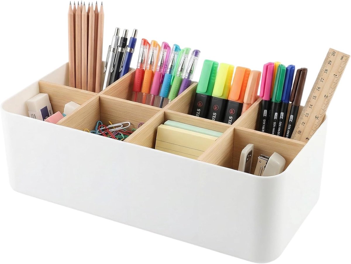 SnelShoppen - Bamboo Desk Organiser Pen Holder met 8 Compartimenten, Multifunctioneel Opslagdoos voor Pennen, Cosmetica, Afstandsbedieningen, Wit