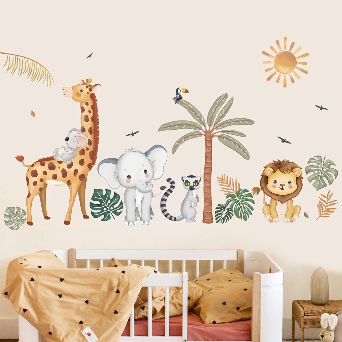 SnelShoppen - Boho Jungle Dieren Wandstickers - Safari Muurdecoratie met Olifant, Giraffe en Leeuw - Peel and Stick PVC Wanddecoratie voor Babykamer e