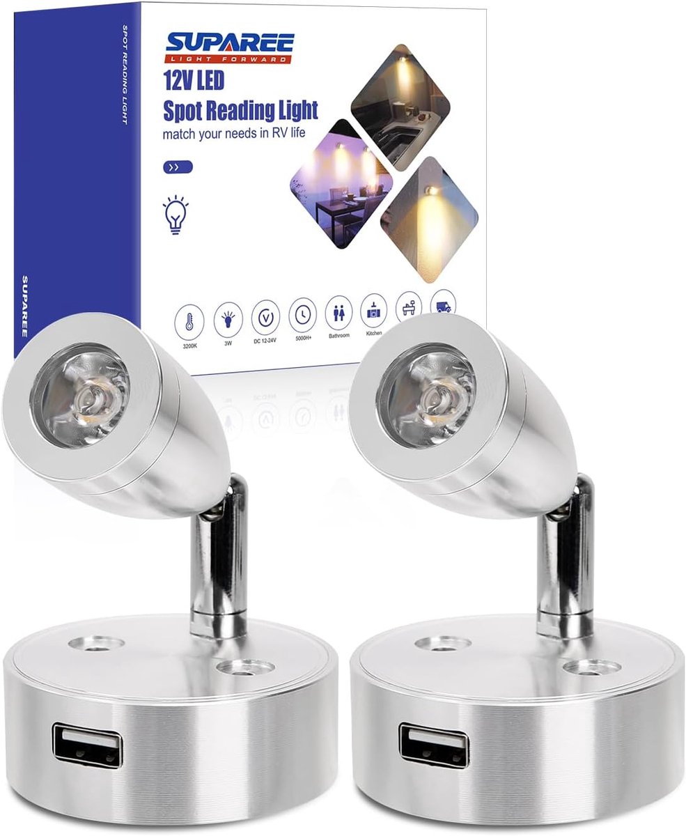 SnelShoppen - 12V LED Verlichting voor Caravan, Motorhome, Van en Boot - Dimbare Leeslamp met USB Touch Switch - 3200K Warm Wit - 2 Stuks