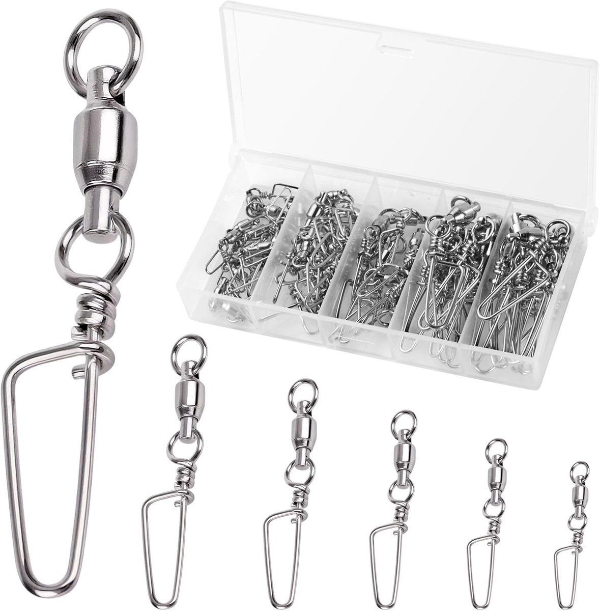 SnelShoppen - 50 Stuks Vis Wervels met Kogellagers - 5 Maten RVS Swivels met Coastlock en Gelaste Ringen - Perfect voor Rivieren, Zoetwater, Zeevissen