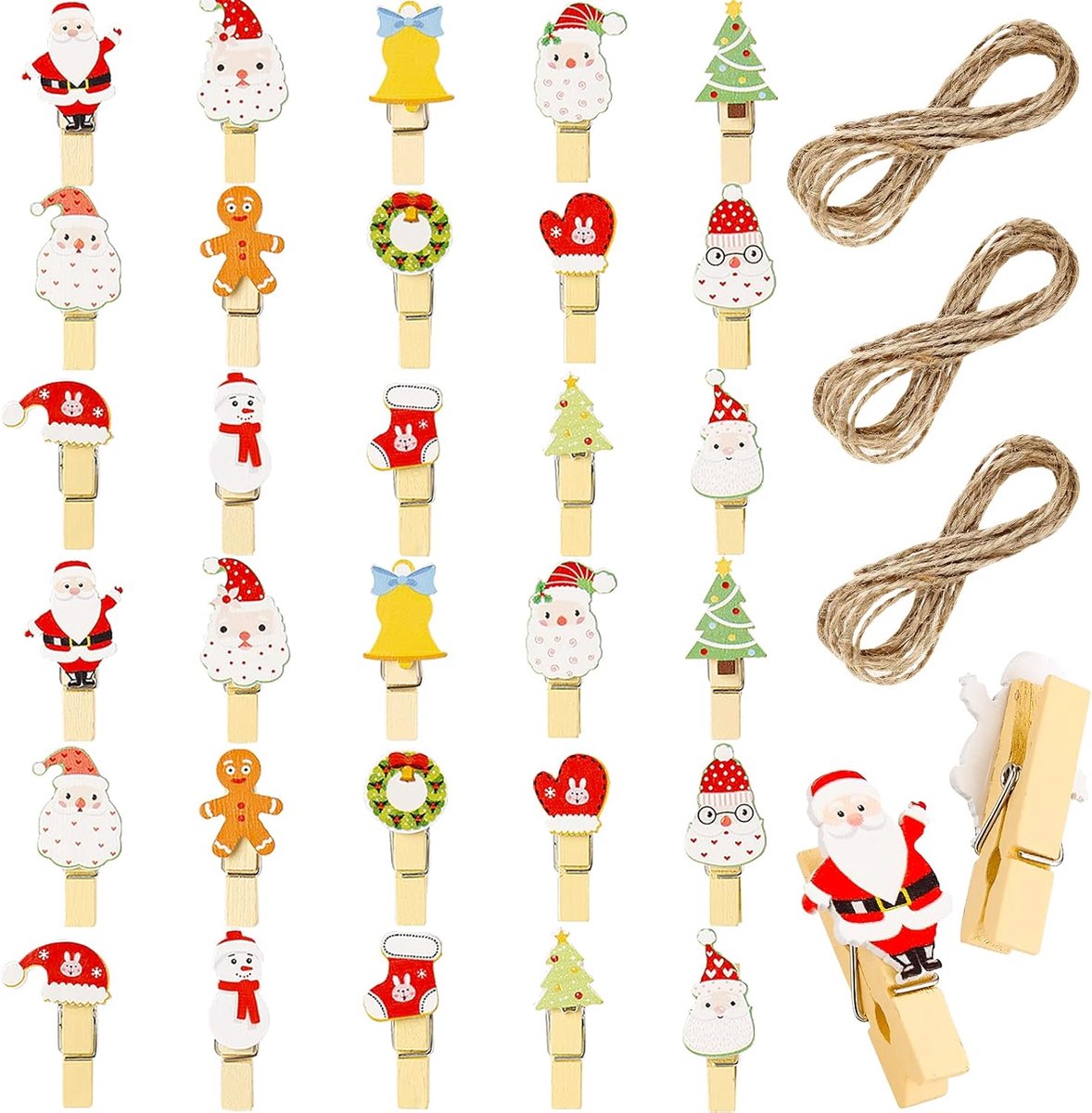 Mini kerstclips 30 stuks - houten pegs met jute touw - stevig en duurzaam - voor fotos en ornamenten - ShopVlot