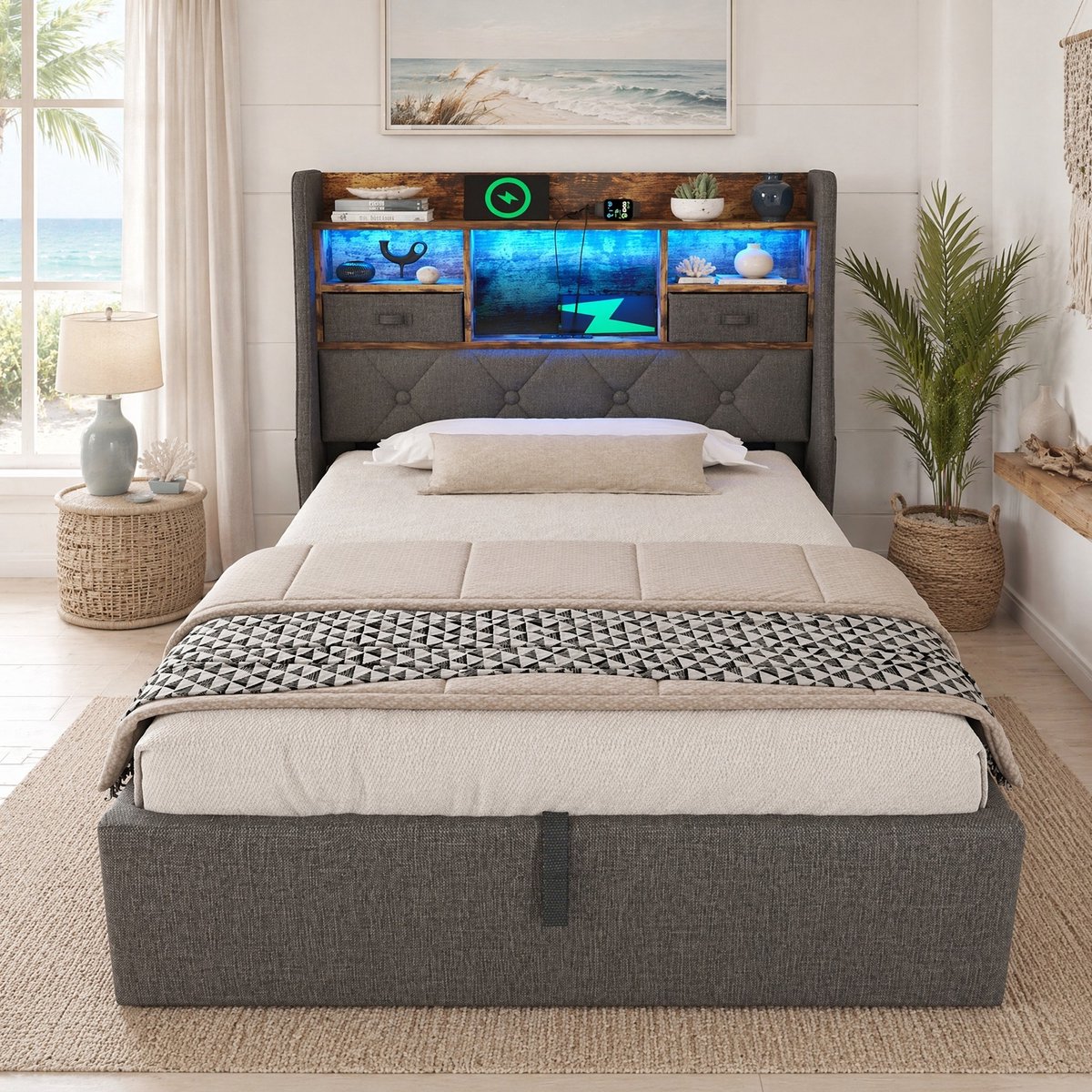 WUVRIE Eenpersoons opbergbed 90x200 cm met LED-hoofdbord, USB en Type-C, lattenbodem en matras, grijs