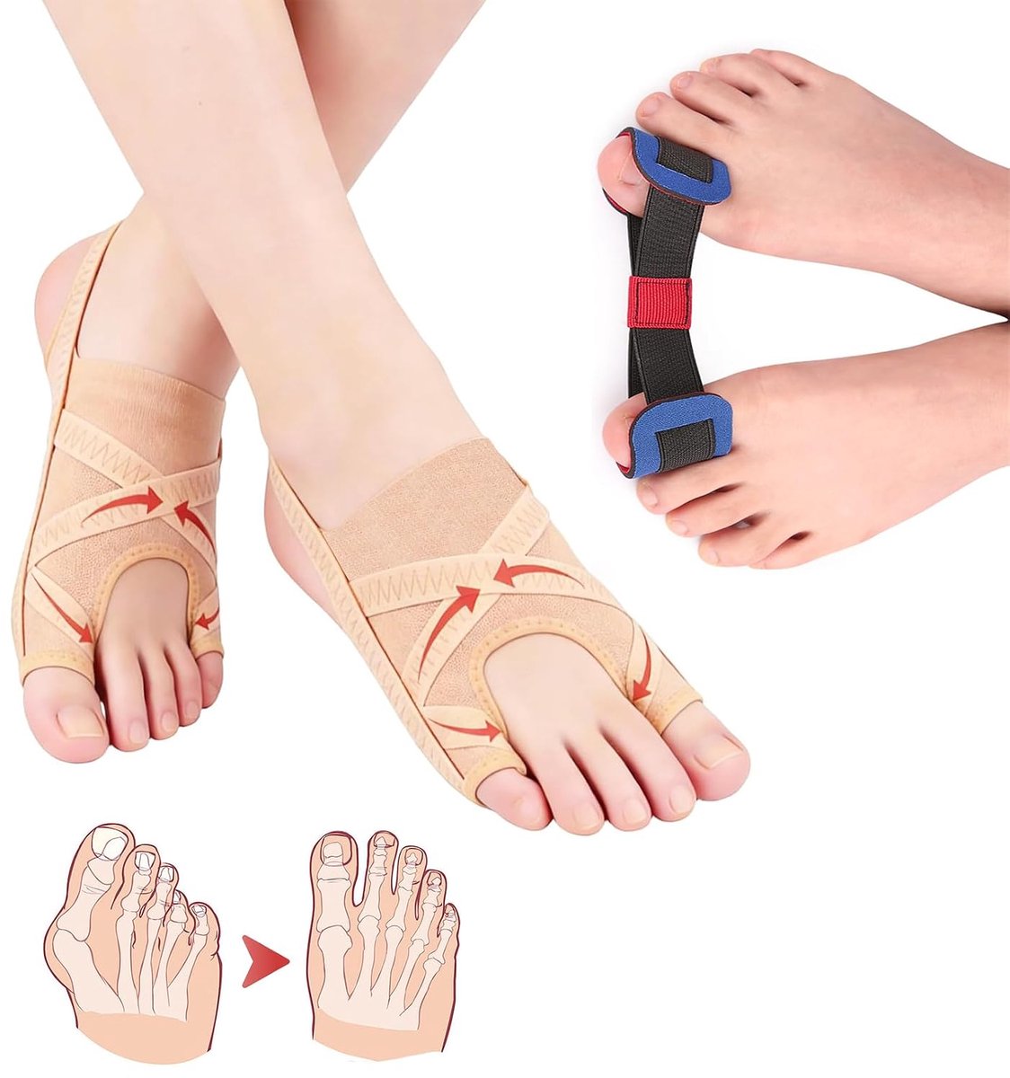 Hallux Valgus Corrector, Valgus-sokken Elastische Banden Grote Teen Spalken Valguscorrectie Teenspreider Eeltknobbel Pijnverlichting Verstelbare Dag en Nacht Eeltknobbel Steunset (L 38-42)