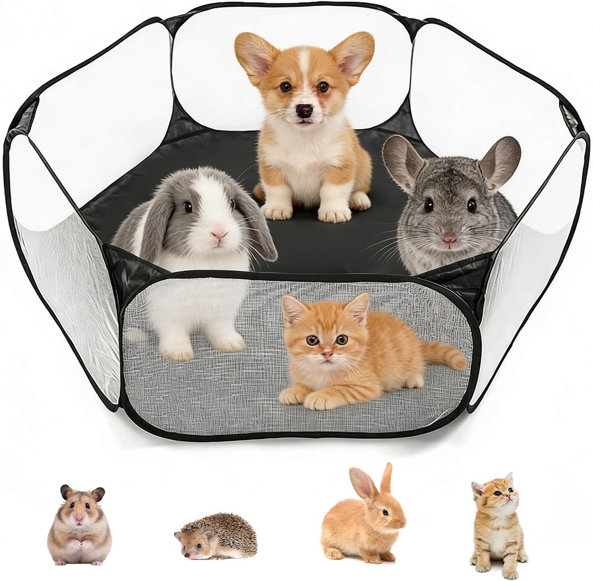 Hok voor kleine dieren, opvouwbaar, draagbaar, ademend en transparant, oefenomheining voor kuiken, kittens, puppy's, konijnen, hamsters, chinchilla's, zwart