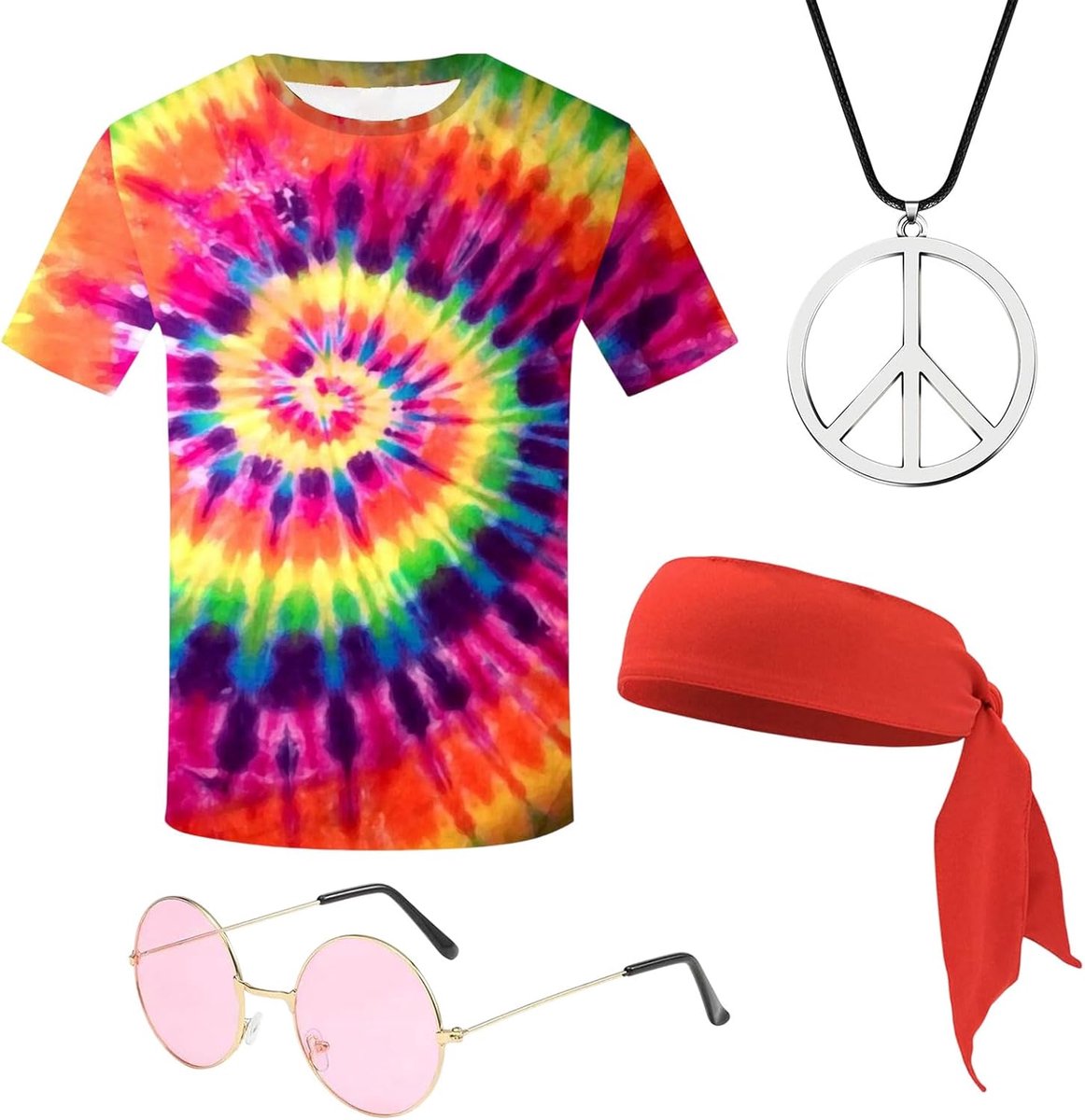 Kostuum jaren 80, 70, 60, 4 stuks, hippie-kostuum, heren, T-shirt, bril, halsketting, party, kostuum, accessoires voor themafeest of carnaval (meerkleurig)