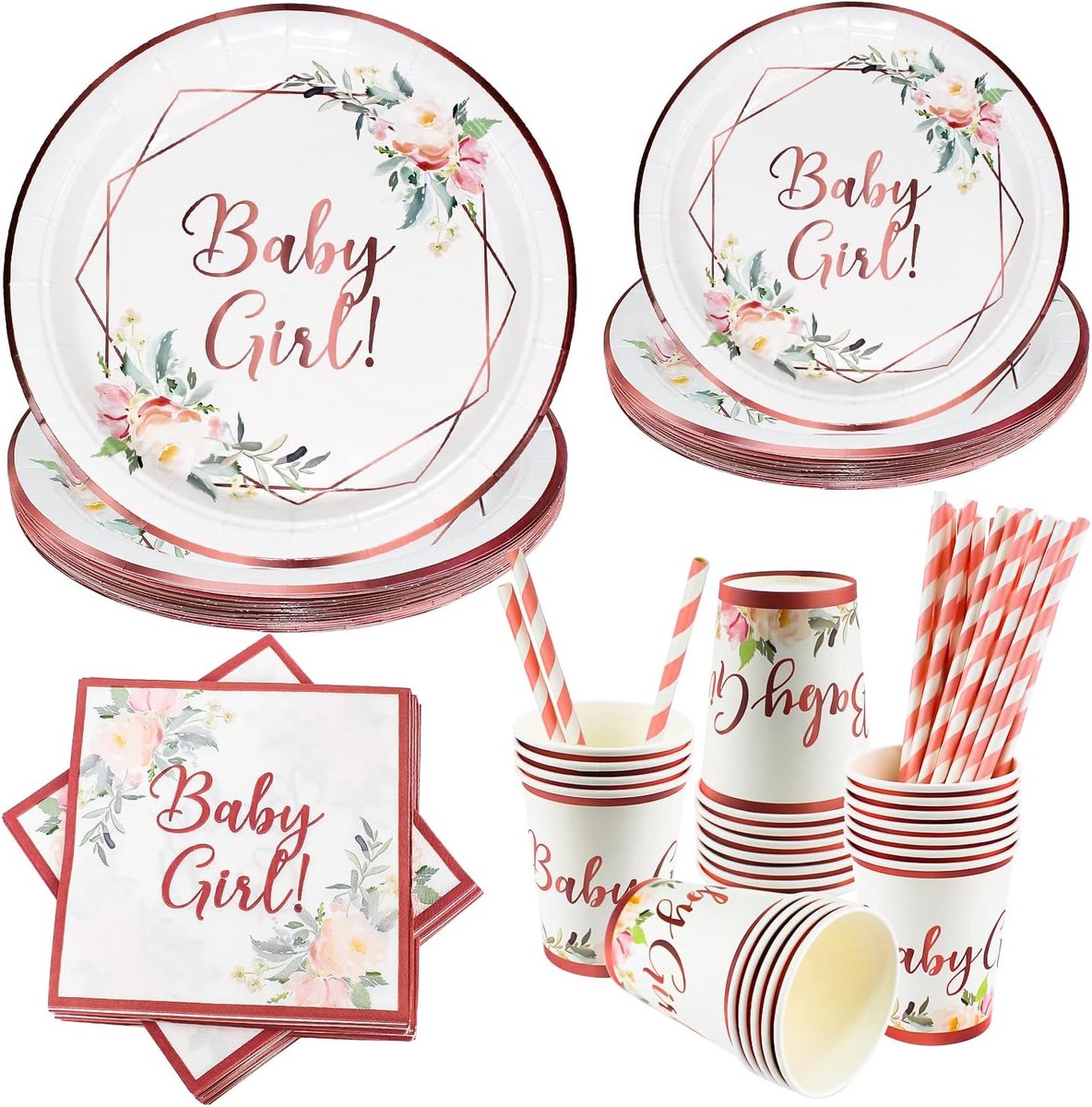 Decoratie voor meisjes, feestserviesset voor 24 gasten, 120 stuks, roségoud, servies, afbreekbare platte borden, papieren bekers, papieren handdoeken, rietjes, babyshower, genderreveal