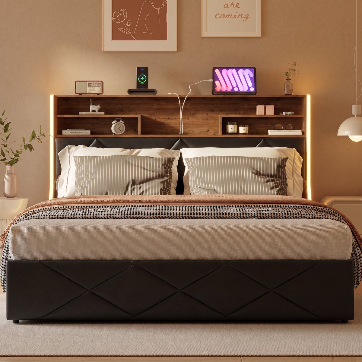 ROSAHQNDA Tweepersoonsbed 160x200 cm, gestoffeerd opbergbed met LED-verlichting, hoofdbord met opbergvakken en laadfunctie, PU, zwart, zonder matras