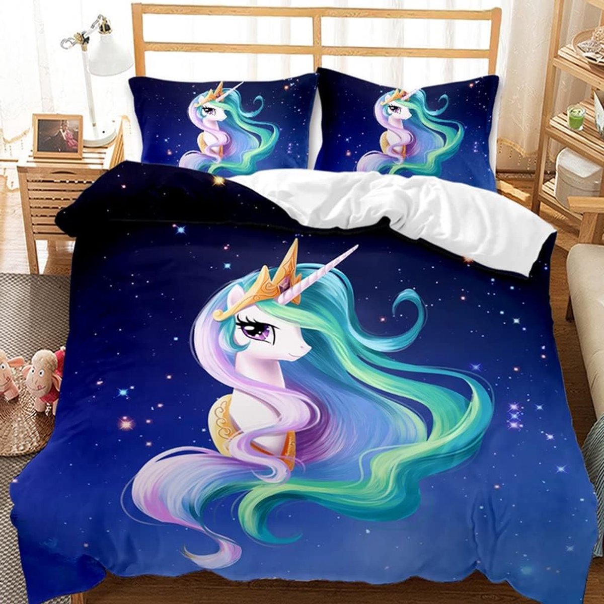 Meisjes roze beddengoed set 135x200cm schattige eenhoorn ster maan patroon dekbedovertrek eenhoorn beddengoed voor kinderen, jongens en meisjes (blauw, 135 x 200 cm)