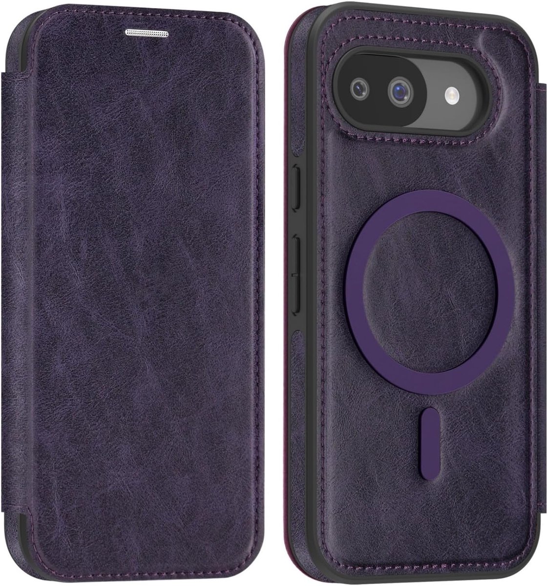 Hoesje voor de Google Pixel 10a Flip Case compatibel met MagSafe, PU-lederen portemonneehoesje met kaartsleuf en RFID-bescherming - paars