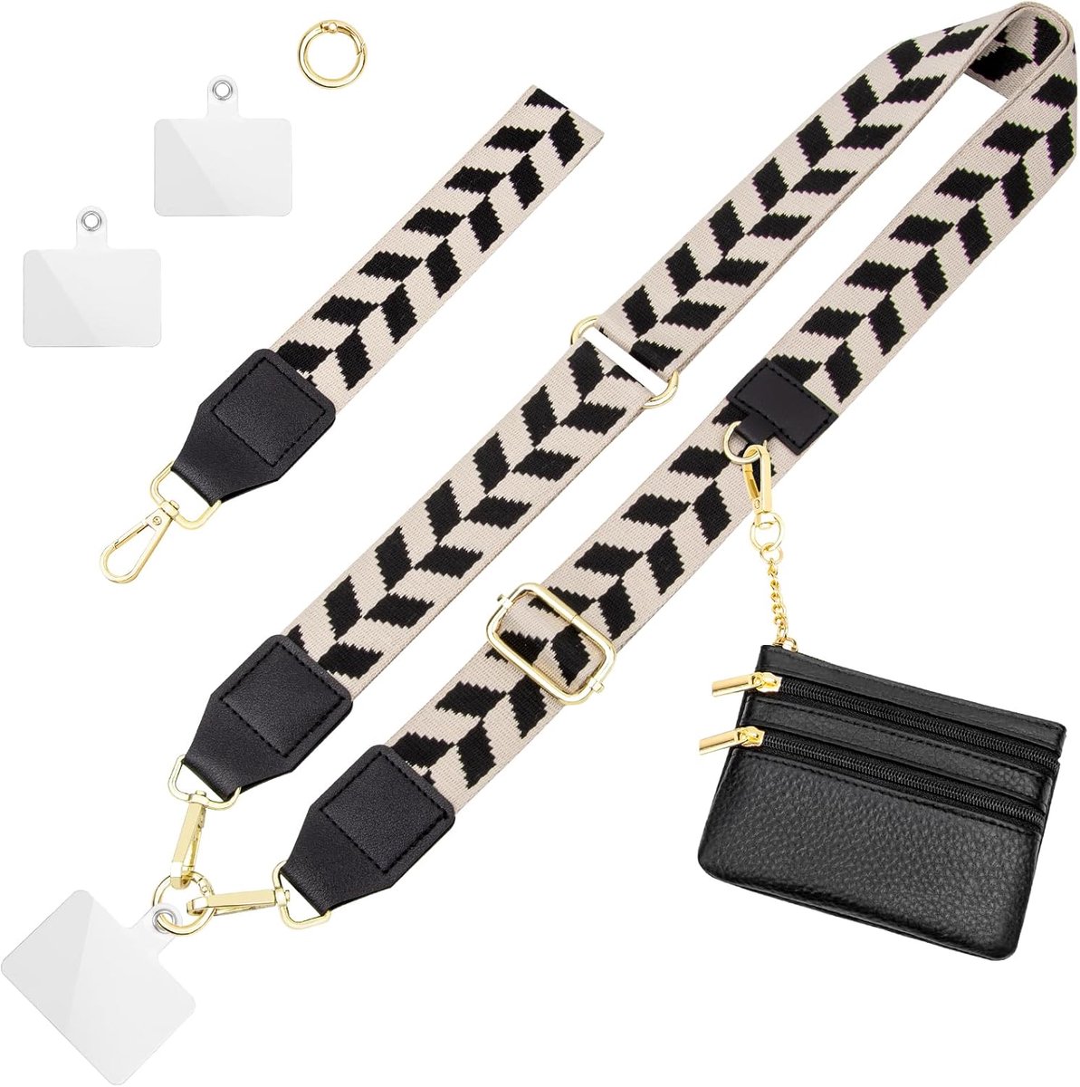 Verstelbare schouderband voor dames, afneembaar, multifunctioneel, omhangband, portemonnee, 2 patches
