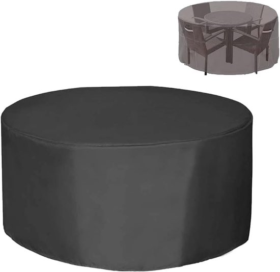 Zwarte, ronde tafelhoes op een witte achtergrond, met een kleinere weergave van de hoes over een tafel.