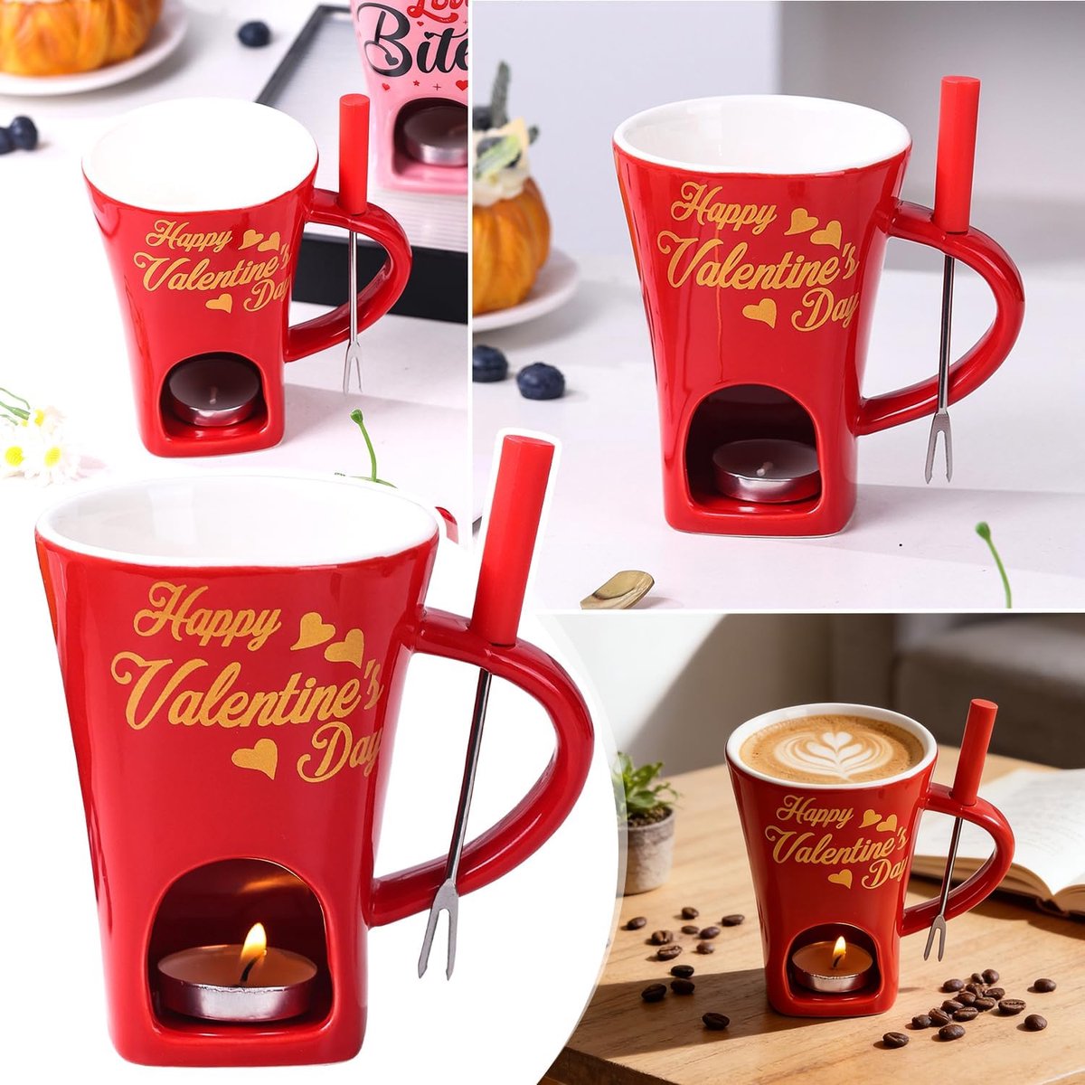 Fonduebeker van keramiek, 200 ml chocoladefondue keramische set, kaasfondue met kaars en vorken, chocoladefondue kopjes, smeltbekers voor snoep en chocolade (D)
