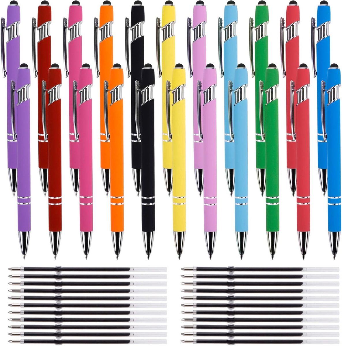 22 stuks 2-in-1 stylus-balpen, intrekbare touchscreen-pen met 22 vullingen, balpen met styluspen, capacitieve pen met zwarte inkt voor touchscreens