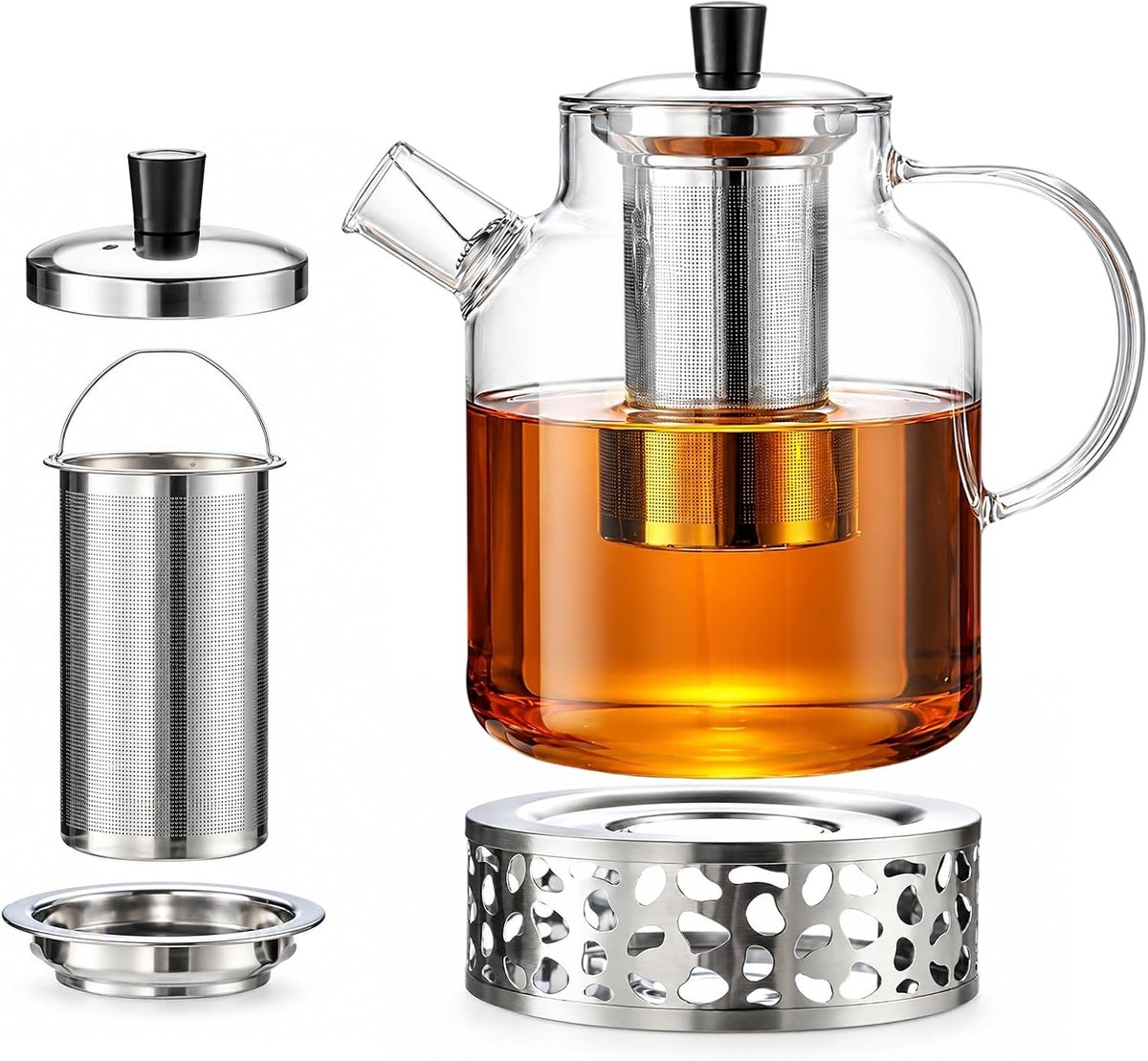 Theepot met verwarmer van 1800 ml, theepot met zeef en theeverwarmer, roestvrij staal, druppelvrij, glazen kan met zeef voor losse thee, kruidenthee en theebloemen, 1,8 liter