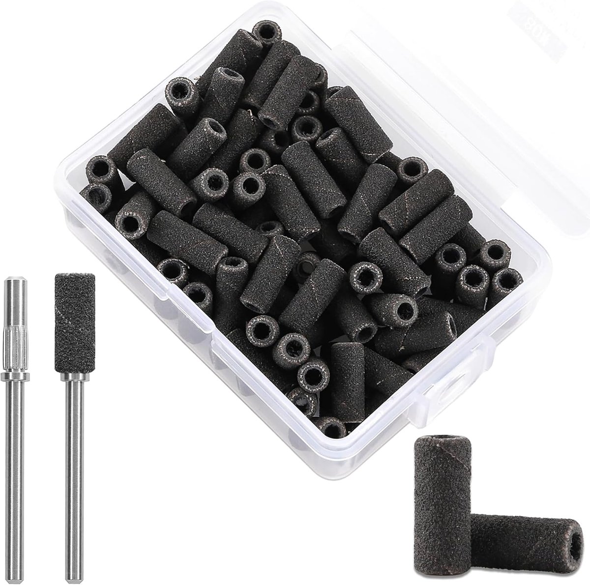 100 stuks 3 mm professionele kleine schuurbanden en 2 stuks kleine doorn bit set voor nagelboor, 80# upgrade ontwerp 3 mm nagelvijl voor manicures en pedicure met roestvrijstalen schacht
