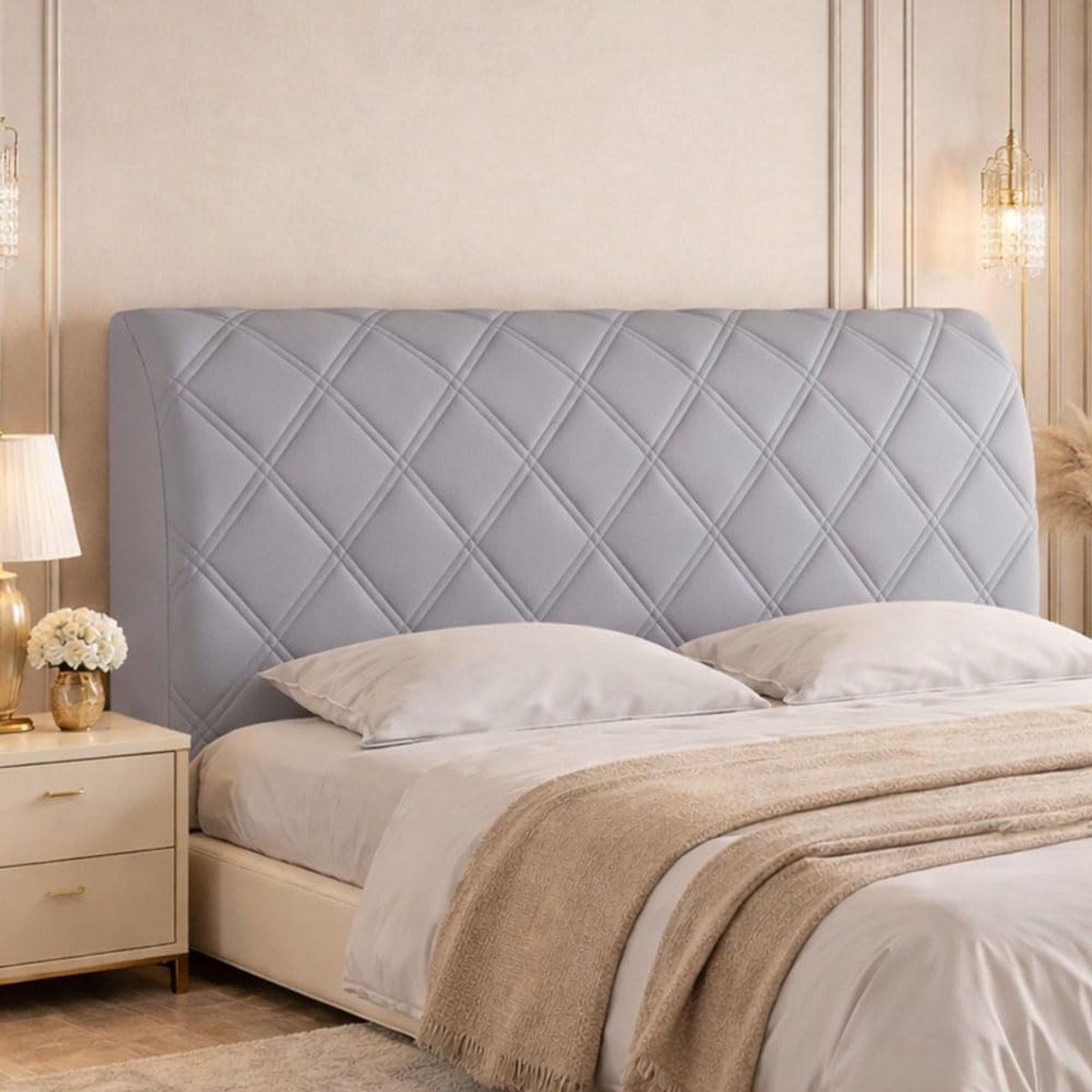 Hoofdbordhoes, stofdicht, rekbaar, voor gevoerd hoofdeinde in de slaapkamer, lichtgrijs, 160 cm