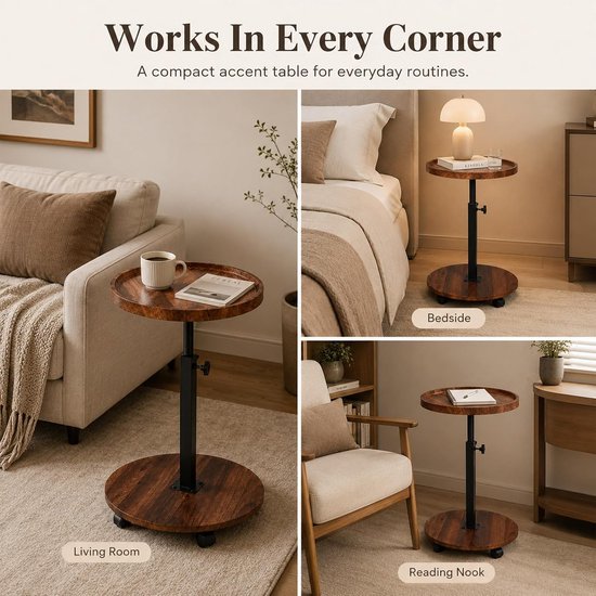 Bijzettafel, rond, met wieltjes, in hoogte verstelbaar (45-80 cm), ronde houten bijzettafels, 360° draaibaar, walnoothouten afwerking, kleine salontafel voor woonkamer, bank (walnoot) — afbeelding 5