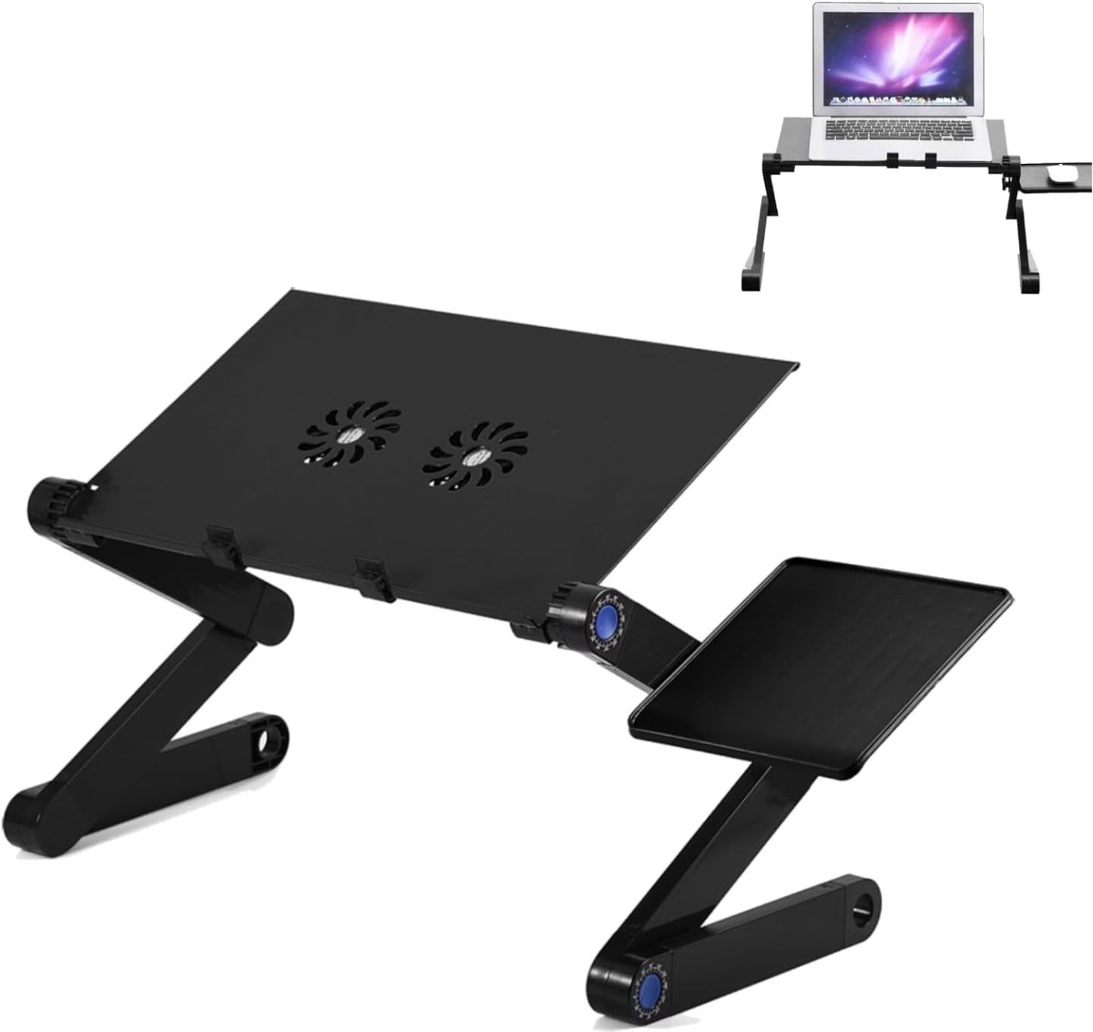 Laptopstandaard Opvouwbaar laptopbureau PC Computer bedtafel, met 2 koelventilator en muislade, 360 ° draaibare voeten(zwart)