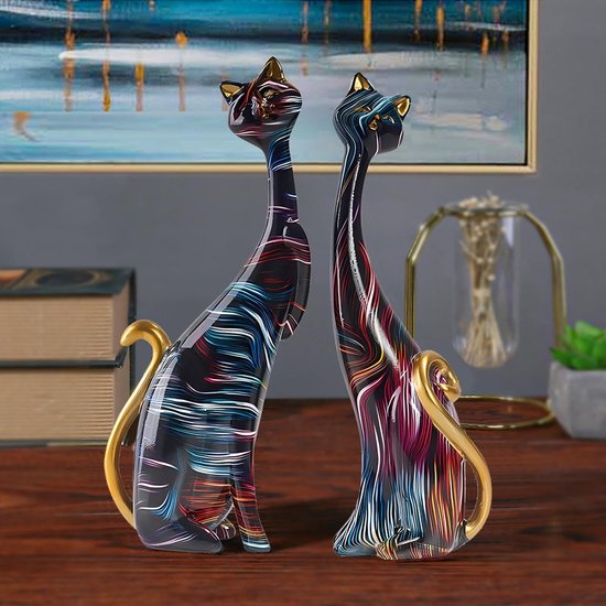Kattenbeeld van hars voor kattenliefhebbers, perfecte decoratie voor thuis en op kantoor (graffiti) (blauw + geel) — afbeelding 4