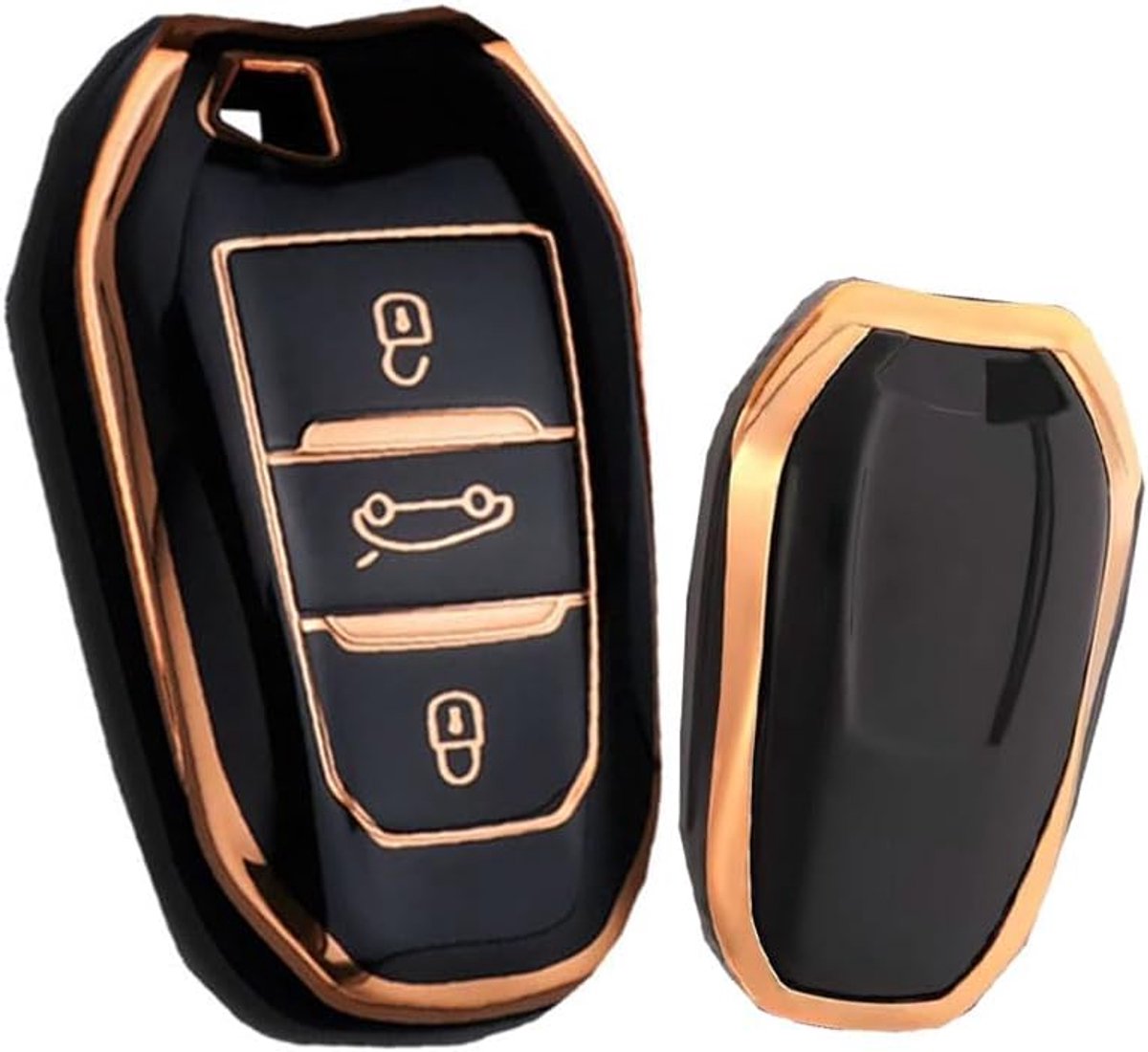 Autosleutelhoes geschikt voor Peugeot 301-307-308-408-2008-3008-5008, sleutelhoes TPU beschermhoes voor Citroen C4L-C3-C5-DS5LS voor Opel Grandland sleutelbehuizing 3 toetsen goud zwart