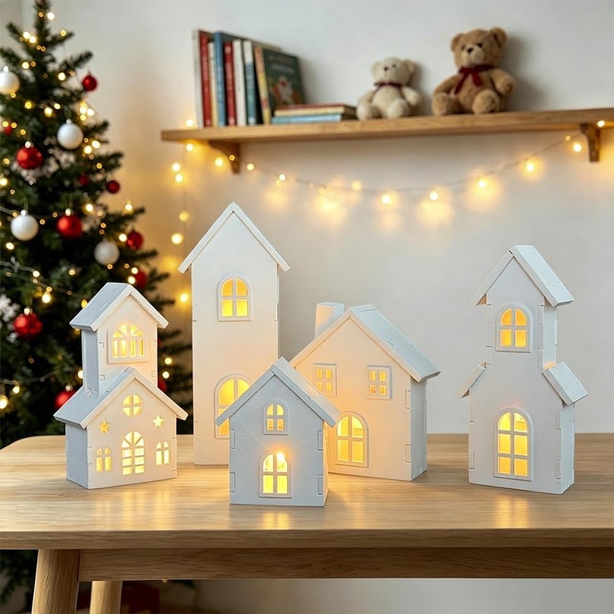 Verlichte Kerstdorp Set - Wit - 5 Stuks - Houten Kersthuizen met LED Licht - Voor Binnen – foto 4