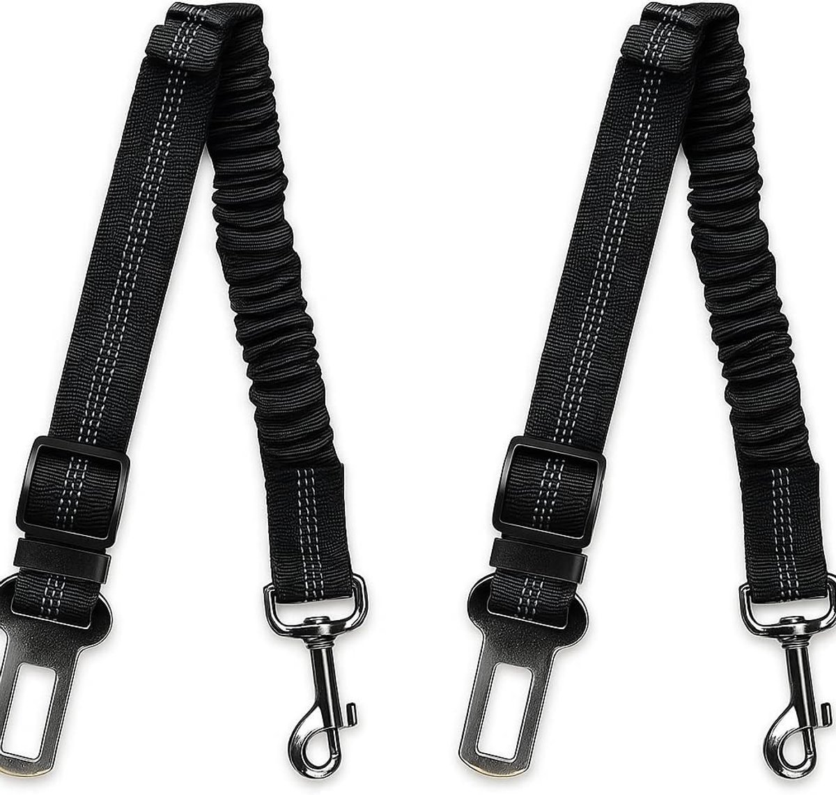 2 stuks zwarte verstelbare hondengordels voor auto's UK, Heavy-Duty huisdier auto harnas lood met bungee buffer, veiligheidsgordelclip voor honden en katten, compatibel met de meeste voertuigen