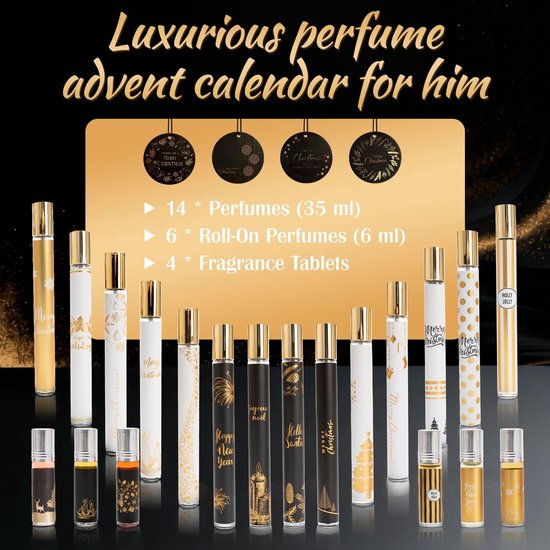 Adventskalender 2025 voor Mannen, set met 24 geuren - Inclusief 35 ml parfum, essentiële oliën en auto geurverspreider, kerstkalender cadeau voor heren — afbeelding 3
