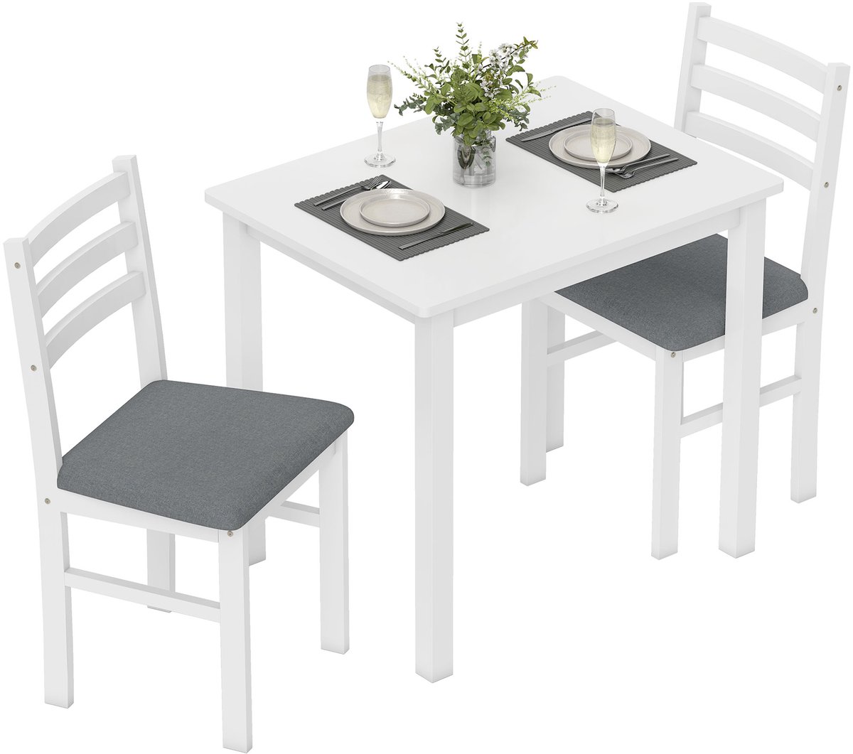 3-delige Eettafelset met 2 Stoelen 80x60x74,5 cm, Compact Keuken- en Eetkamerset met Gestoffeerde Stoelen in Linnenlook - Wit