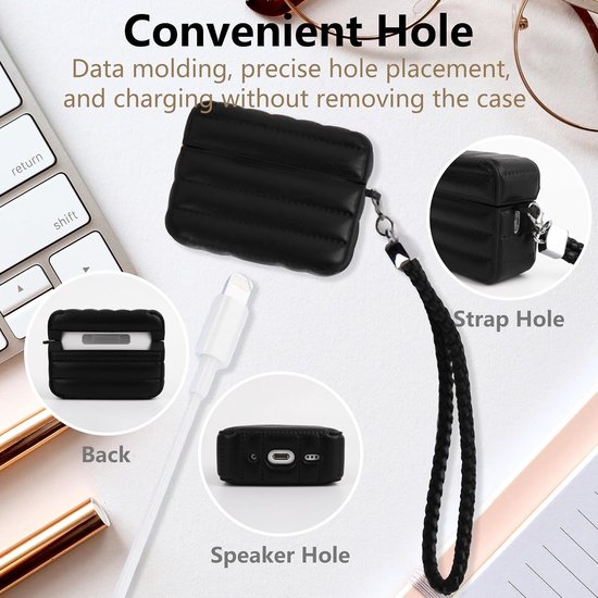 Beschermhoesje voor Airpods Pro 2, Compatibel met Airpods Pro 2e/1e Generatie (2023/2022/2019), Oordopjeshoes met Afneembare Draagriem, Harde Protective Case met Leren Strepen (Zwart) — afbeelding 5