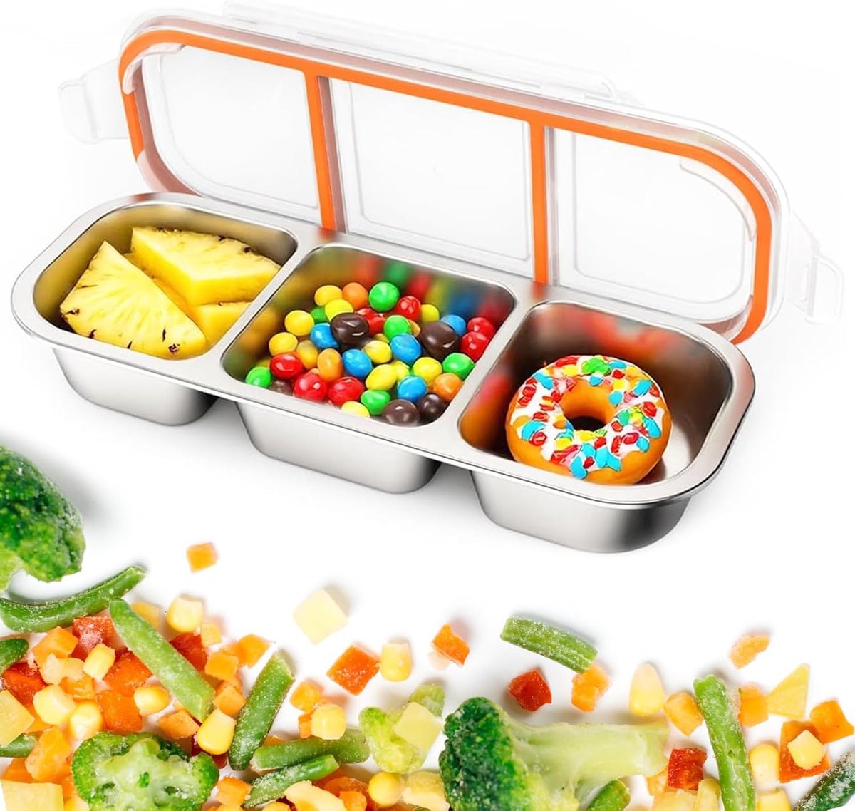 Herbruikbare snackcontainers van roestvrij staal, lunchbox met drie vakken voor keuken, picknick, school, reizen, werk