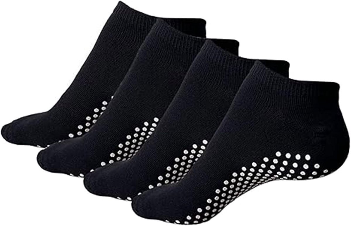 Sokken voor dames en heren, 4 paar stoppersokken, antislipsokken, voor pilates, yoga, barre, dans, ballet, trampoline, fitness, ziekenhuis, revalidatie, 4 paar zwart, One size