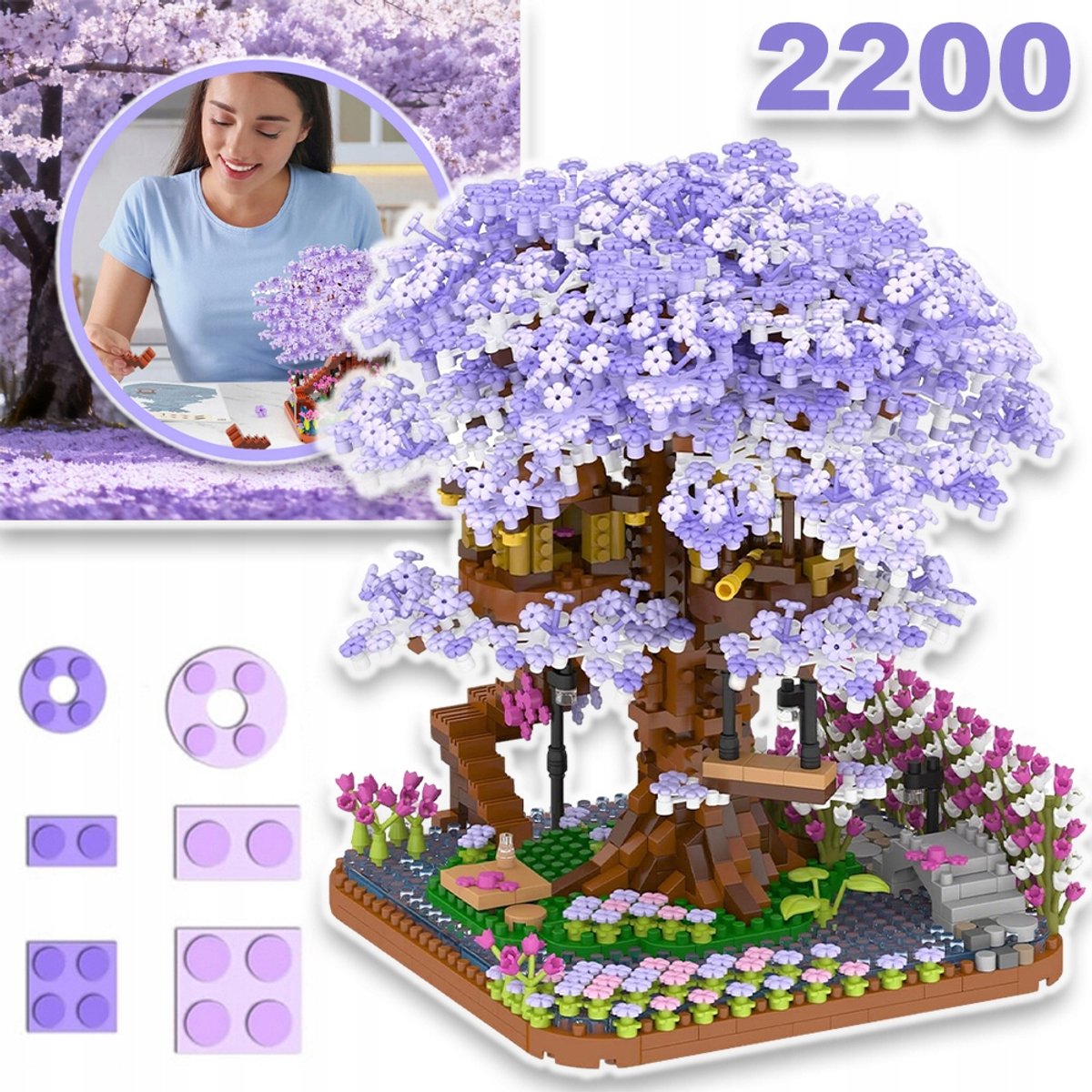 Botanische Collectie – Kersenbloesem Bouwpakket Met 2200 Microsteentjes – Gedetailleerde ABS-Constructie En Prachtige Interieurdecoratie – Creatief Cadeau – Paars