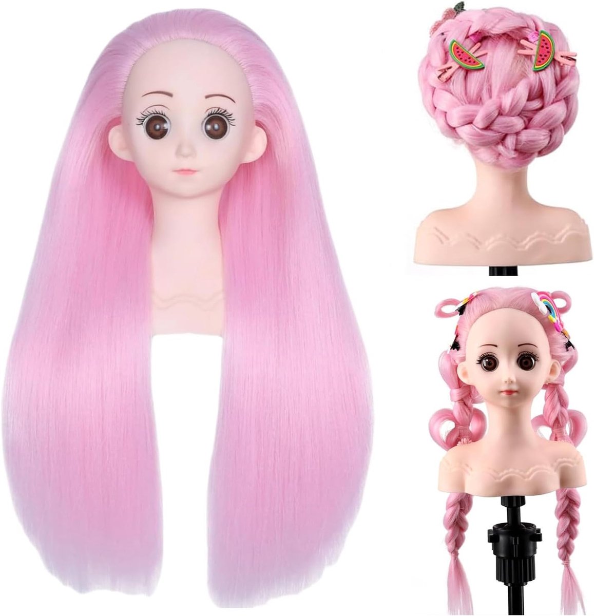 Mannequin Hoofdprofessional met synthetisch steil haar, mini mannequin styling om te oefenen vlechten (roze)