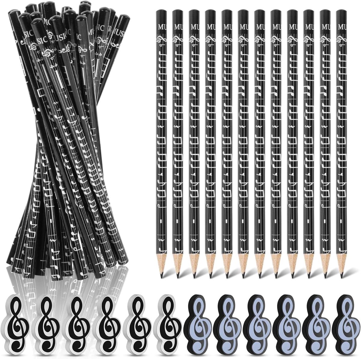 36 stuks muzieknotenstiften, set, 24 potloden voor muzieknoten + 12 gummen met muzieksymbolen, muziekmotieven, potloden, potlood, muziek voor studenten, kinderen, feestgeschenken