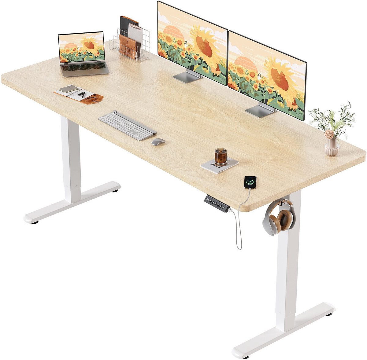 Devoko Elektrisch Verstelbaar Zit-Sta Bureau 160x70 cm Breed – Hoogte 73–118 cm – 2 Geheugenstanden, Zit-Herinnering, LED-Display en USB – Draagvermogen 70 kg – Beige