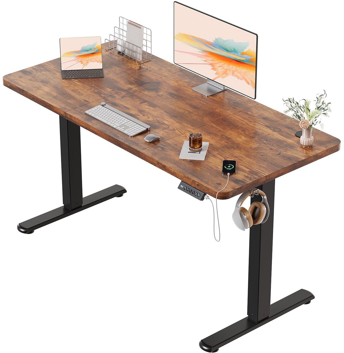 Devoko Elektrisch Verstelbaar Zit-Sta Bureau 120x60 cm Breed – Hoogte 73–118 cm – 2 Geheugenstanden, Zit-Herinnering, LED-Display en USB – Draagvermogen 70 kg – Vintagebruin