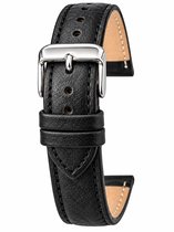 Horlogeband-Horlogebandje-18mm-Zwart-Echt leder-Gevuld-leer-Plat-Zacht-Soepel-Buffel Look-Gestikt-Stalen Gesp-18 mm