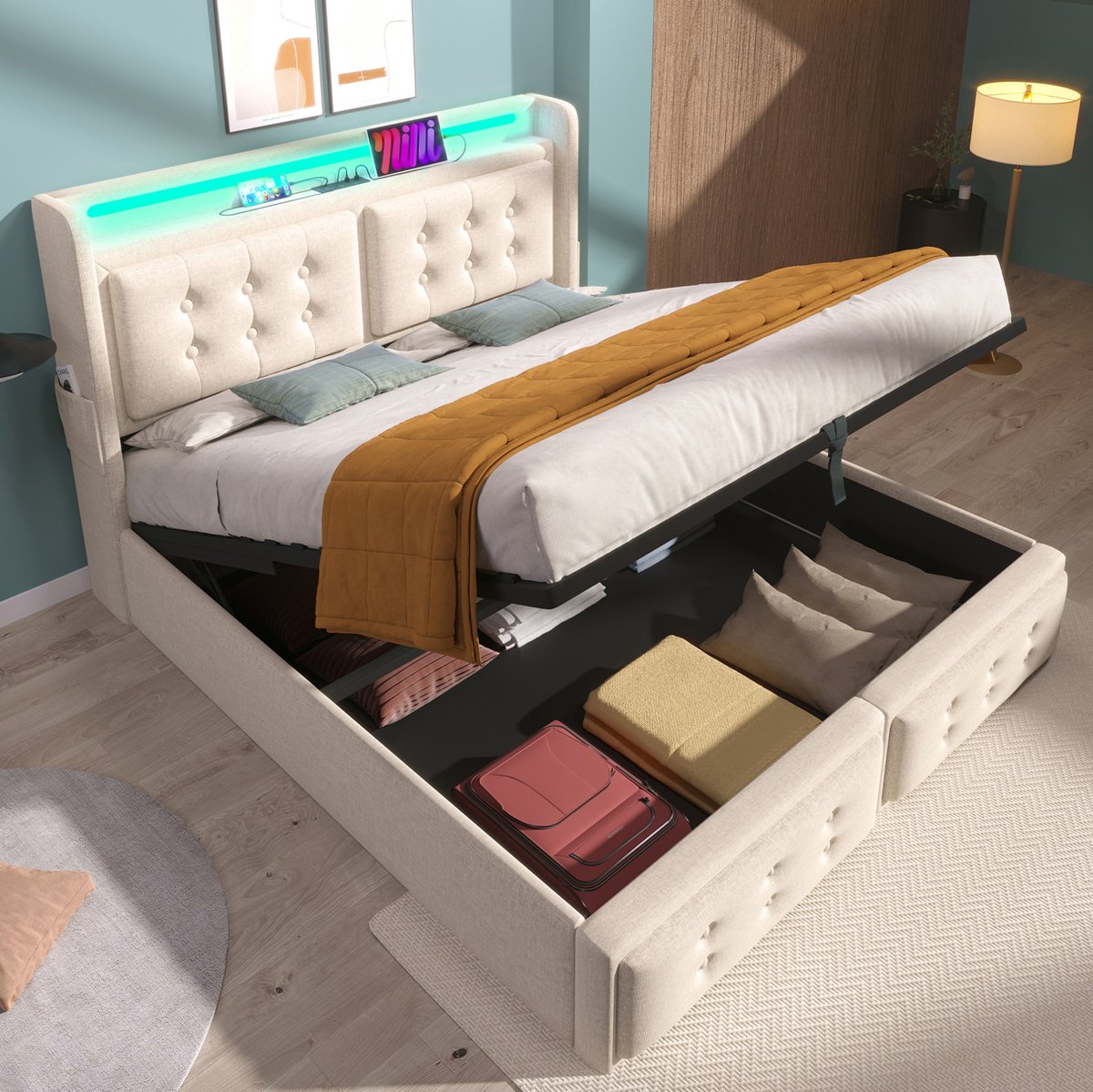 MODENUIT Bed Met Opbergruimte – 180 x 200 cm – Hout, Metaal En Stof – Beige – Ledverlichting En Oplaadpunten