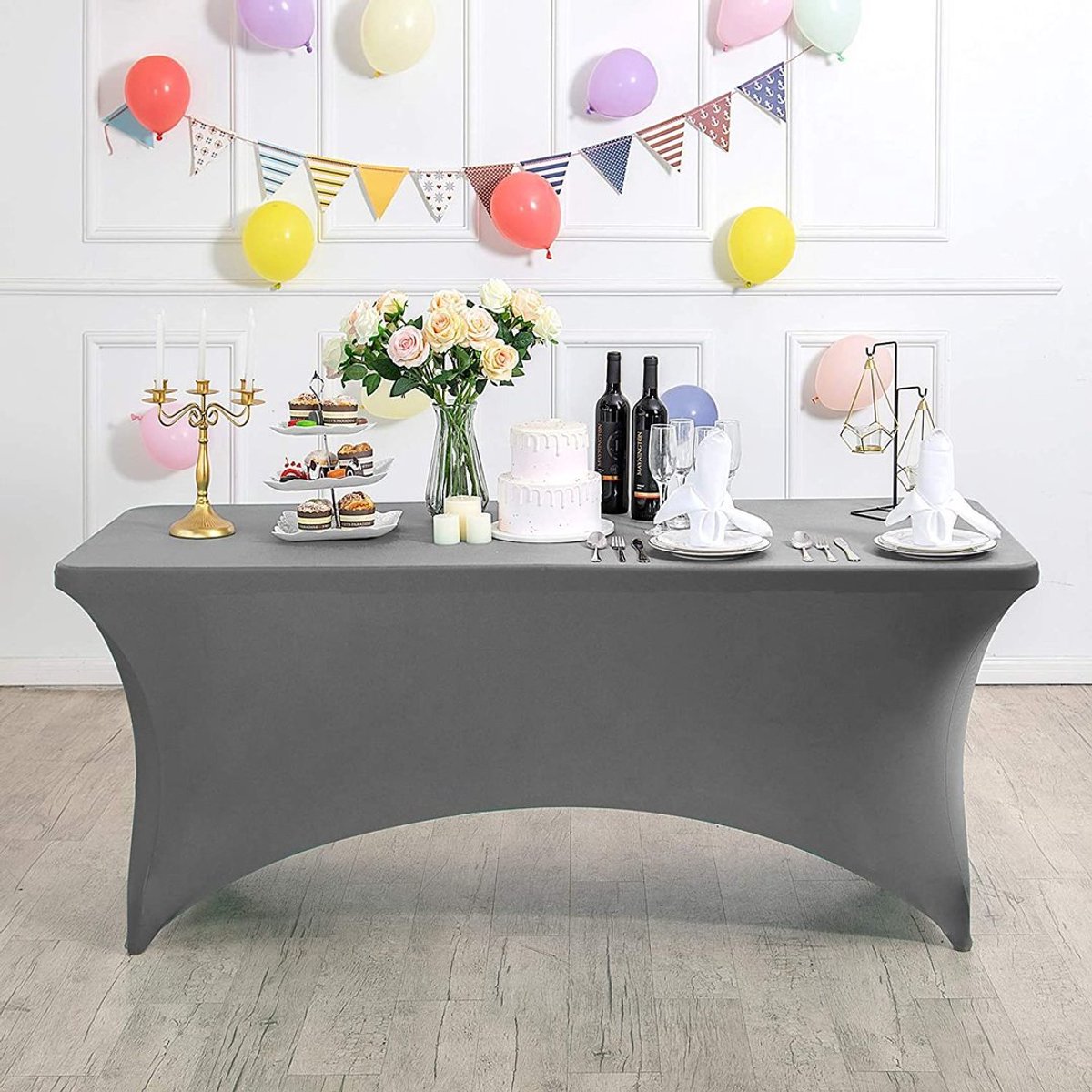 Rechthoekig, rekbaar en vlekbestendig tafelkleed, waterdicht, wasbaar en rekbaar, geschikt voor het decoreren van terrassen, keukens, bruiloften, verjaardagen, feesten, picknicks en andere gelegenheden,Grijs - 183 x 76 x 76 cm (6 voet)