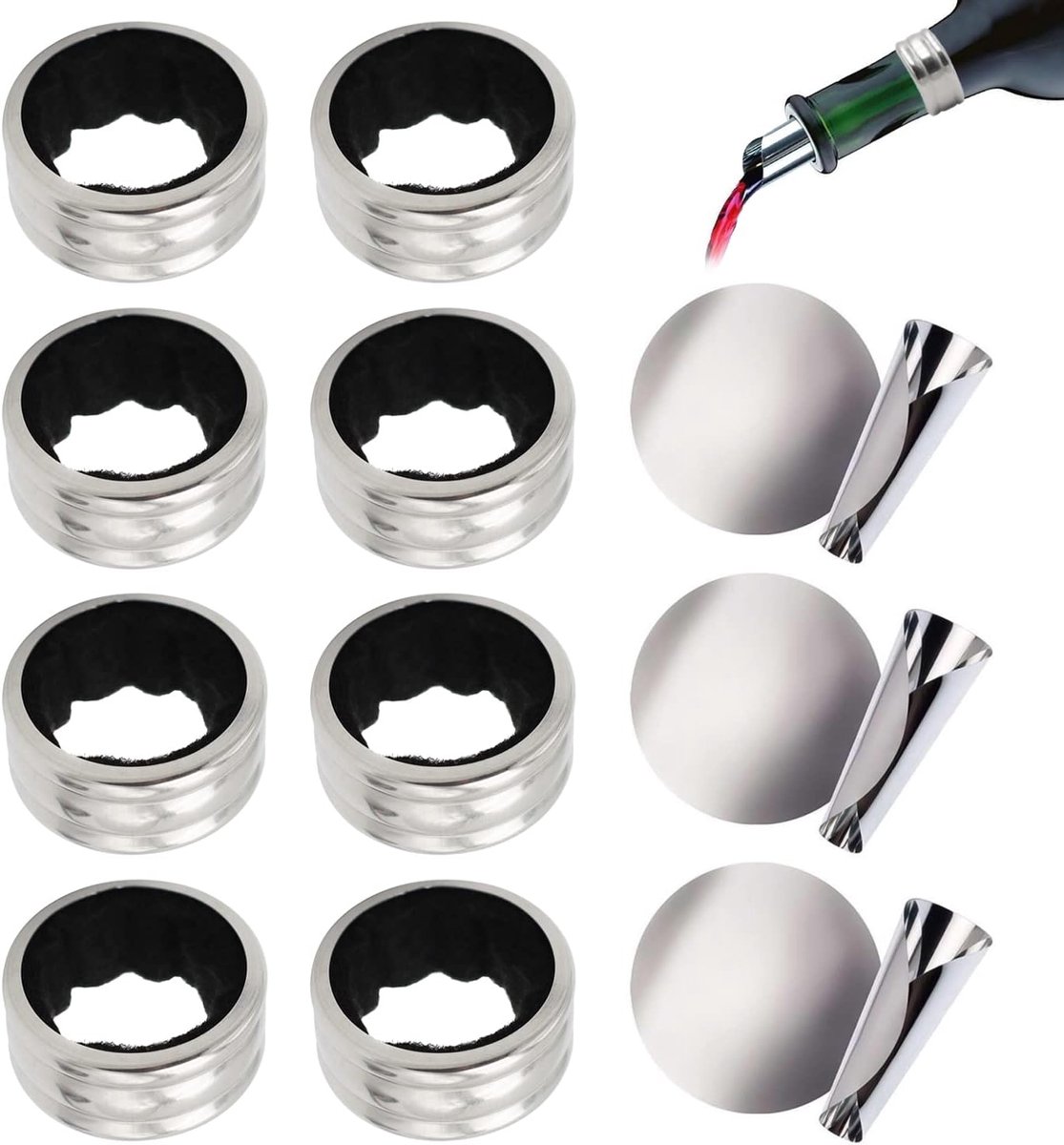 8 wijnringen en 6 druppelpads, wijnringen van roestvrij staal, druppelbescherming, accessoires voor lekvrije wijn, herbruikbaar, in huizen en bars