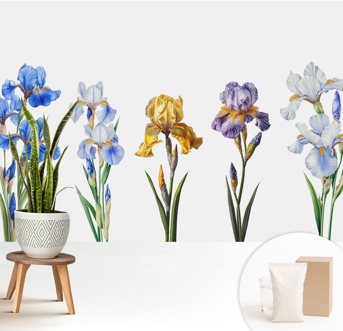 Wallfluent Fotobehang - Blauw Vliesbehang - 208x146 cm - Irisbloemen Muurschildering - Slaapkamer behang Bloemen En Planten - Fotobehang Vlies - Slaapkamer behang