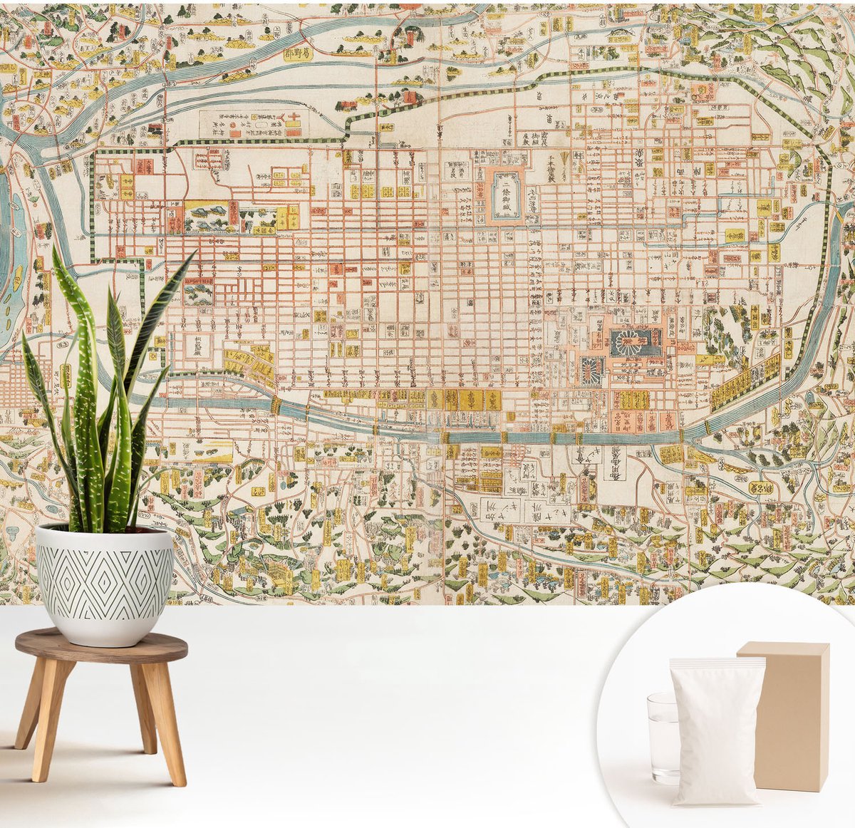 Wallfluent Fotobehang - Beige Vliesbehang - 208x146 cm - Antieke Kaart Fotobehang Vlies - Woonkamer behang Kaarten - Muurschildering - Woonkamer behang