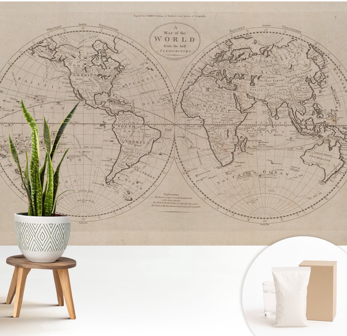 Wallfluent Fotobehang - Zwart Vliesbehang - 208x146 cm - Oude Kaart Muurschildering - Slaapkamer behang Kaarten - Fotobehang Vlies - Slaapkamer behang