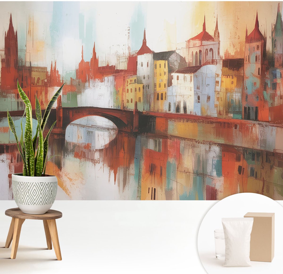 Wallfluent Fotobehang - Oranje Vliesbehang - 208x146 cm - Stadslandschap Fotobehang Vlies - Woonkamer behang Architectuur - Muurschildering - Hal behang