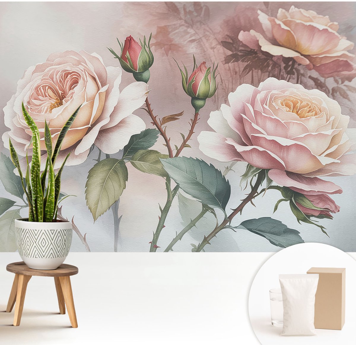Wallfluent Fotobehang - Roze Vliesbehang - 208x146 cm - Pastel Rozen Fotobehang Vlies - Woonkamer behang Bloemen En Planten - Muurschildering - Woonkamer behang